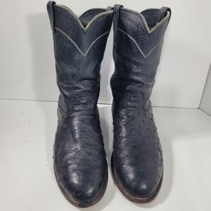 LARRY MAHAN Vintage Black Ostrich Roper Cowboy Boots Mens Size 8.5 XE Rodeo WIDE